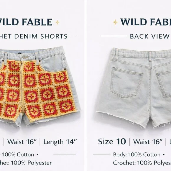 Wild Fable Crochet Denim Shorts Women’s Boho Granny Square Festival Size 10 - Picture 3 of 9